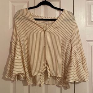 LC Lauren Conrad yellow/white button-down stripes tie in front blouse - Size: XL